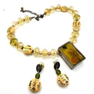 Vintage 90s Chico's Yellow Amber Chinoiserie Geisha Necklace Earring Set